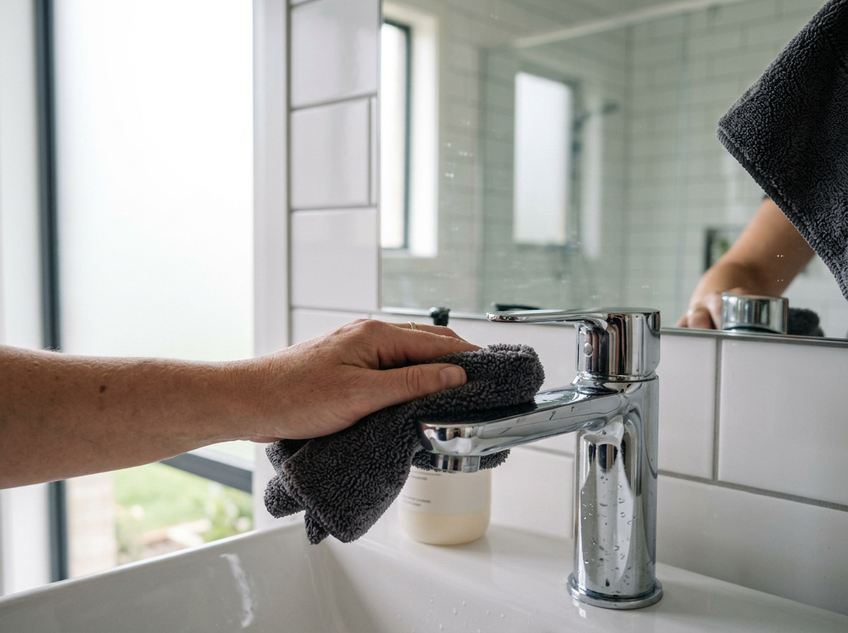 Close-up of a hand wiping bathroom fittings with the ClothWipe