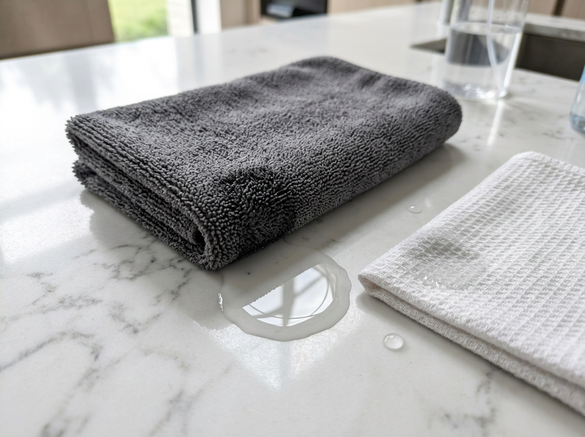 Oversized microfibre cloth absorbing water compared to a small cloth