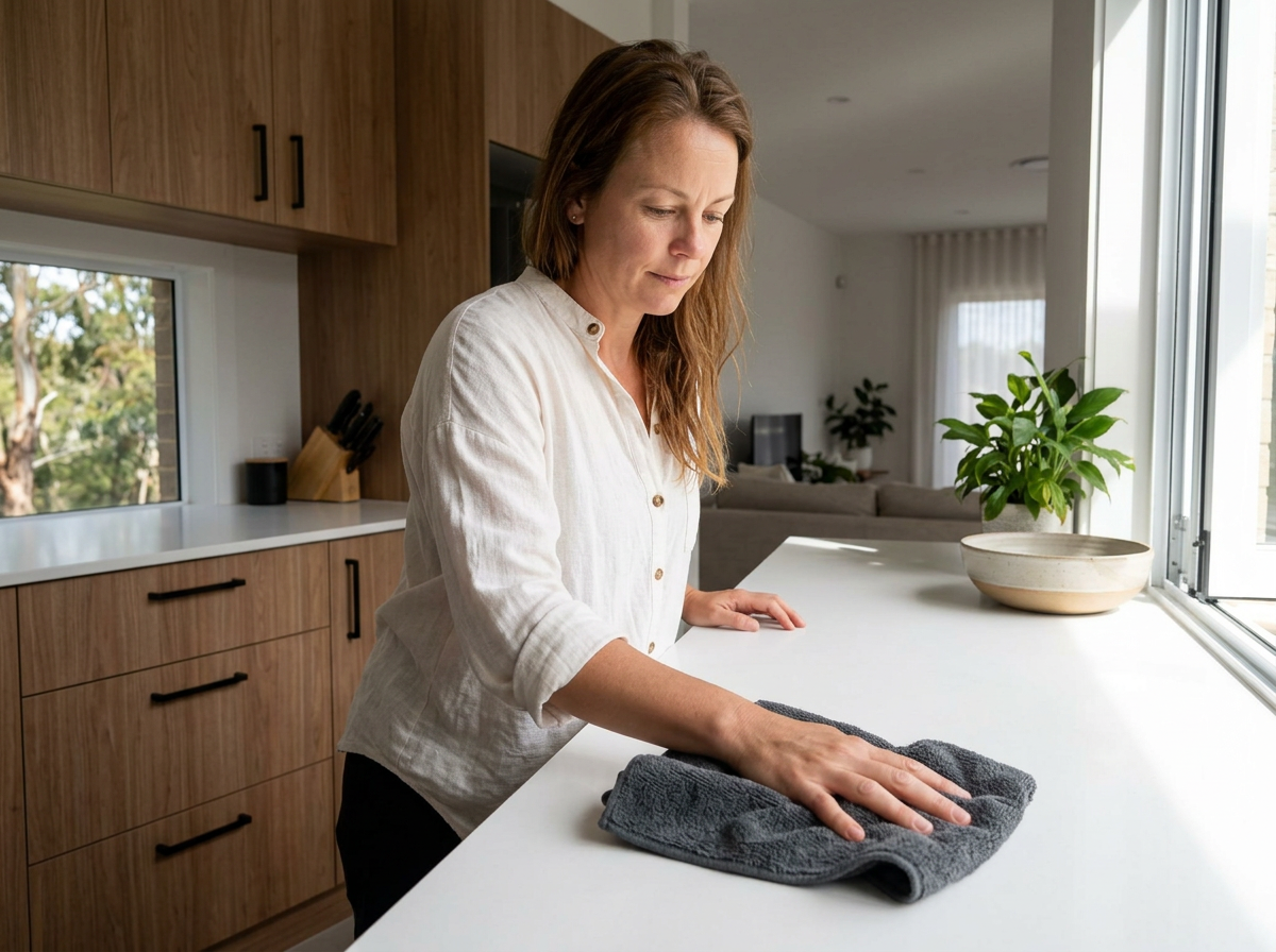 Wiping a kitchen benchtop with the ClothWipe